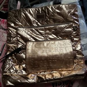 Victoria Secret Rose Gold 3 Piece Bag Set NWT